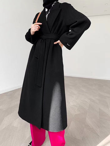 Airchics manteau en laine longue avec poches ceinture femme élégant